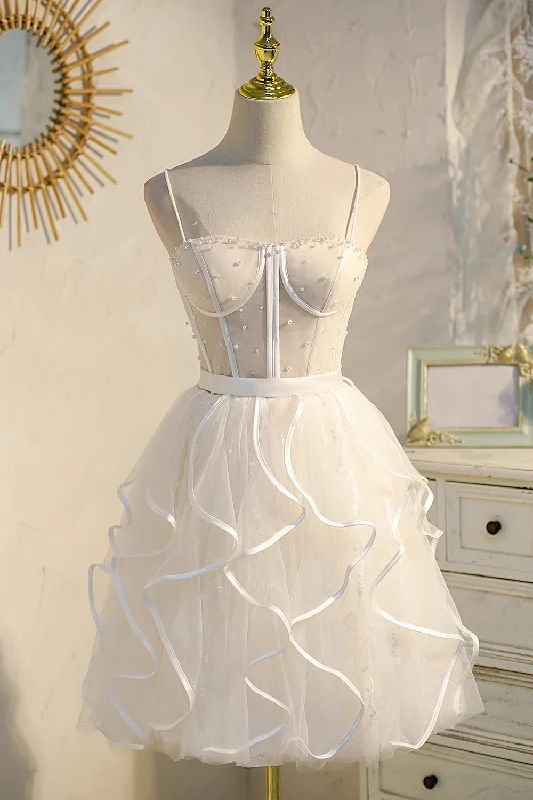 A-Line Spaghetti Straps Birthday Party Dress with Tulle Pearls Homecoming Dress Tunics Gym athletic