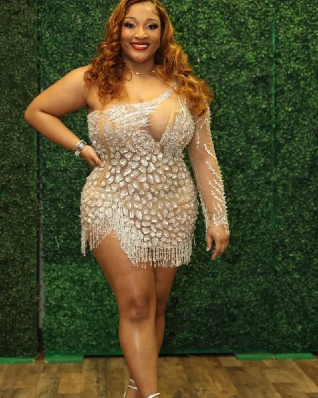Plus Size Cocktail Dresses One Shoulder Short Prom Gowns for Women Birthday Party Dress Crystal Beading Vestidos De Graduación Glittery Long Formal