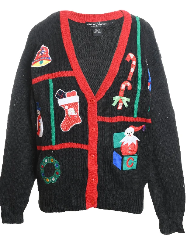 Festive Print Christmas Cardigan - M Notch Collar Peter Pan Collar Cowl Neck