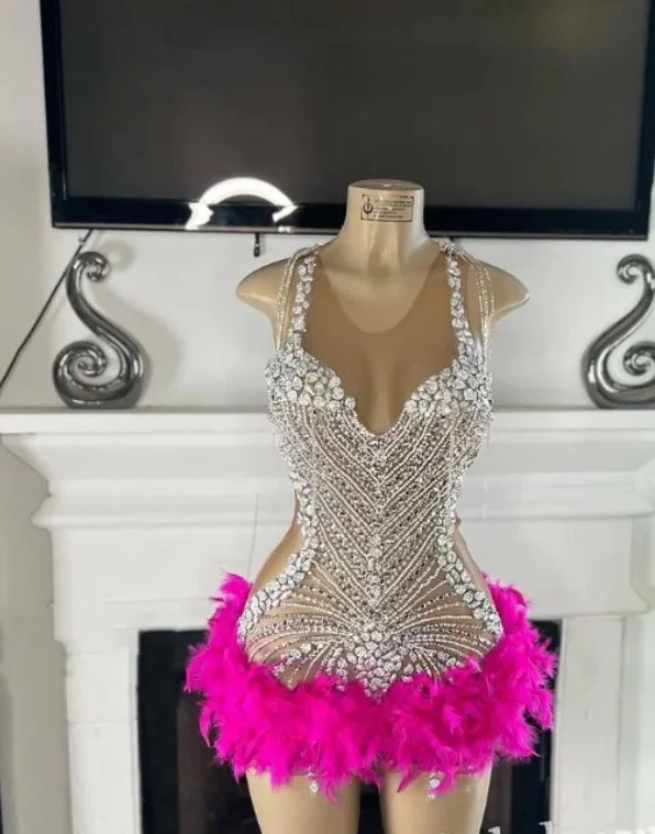 Luxury Diamante Short Homecoming Prom Dress For Women Sexy Feather Crystal Beaded Applique Mini Homecoming Dresses Party Dress Tunics Velvet soft