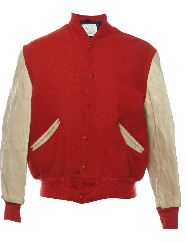 Two-Tone Beige & Red Contrast Team Jacket - L Faux Fur Fabric Real Fur Fabric Shearling Fabric