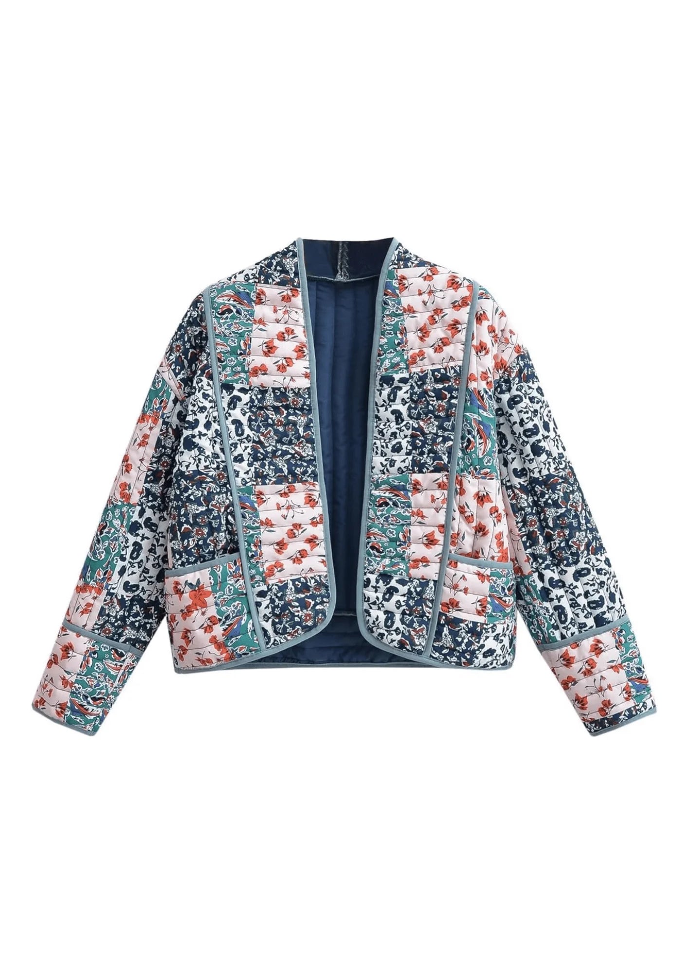 BLUE FLORAL QUILTED JACKET Belted Jacket Elasticated Jacket Padded Jacket