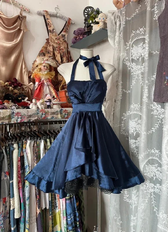 Navy Blue Halter A-Line Satin Vintage Short Party Dress Homecoming Dress, D341 Tunics Prom sequined
