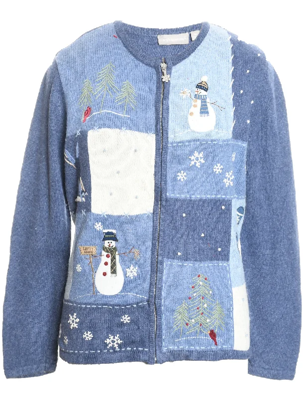 Snowman Christmas Cardigan - M Faux Fur Fabric Real Fur Fabric Shearling Fabric
