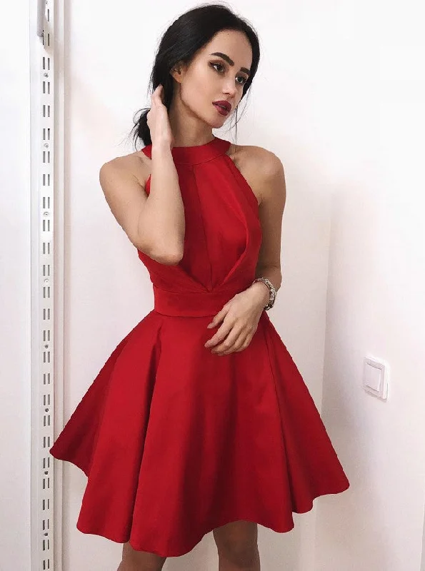 Fit and Flare High Neck Satin Red Short Homecoming Party Dress OM289 Tunics Spring floral