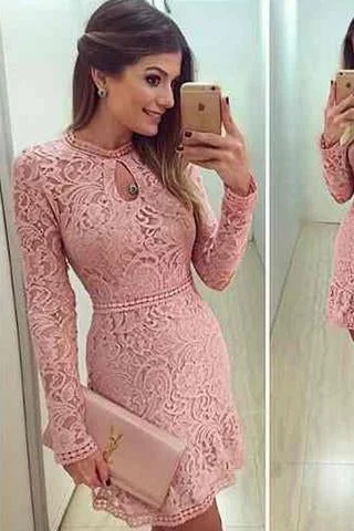 Lace dress pink Sexy lace Elegant short O neck Prom Dresses Long sleeve Party dresses Tunics Floral girly
