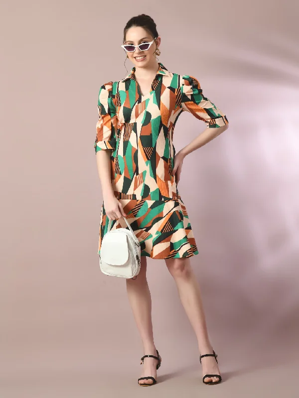 Women's  Multi Printed Shirt Collar Fit And Flare Party Dress  - Myshka Tunics Office stylish