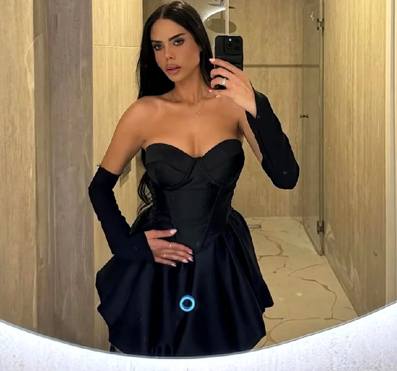 Black Modern Party Dress Sweetheart Long Sleeves Satin Cocktail Dresses Short A Line Vestidos De Graduación Customized Square Neckline Feminine