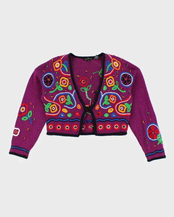 Vintage 90s Rafia Cropped Textured Embroidered Patterned Floral Cardigan - M Slim Fit Regular Fit Oversized