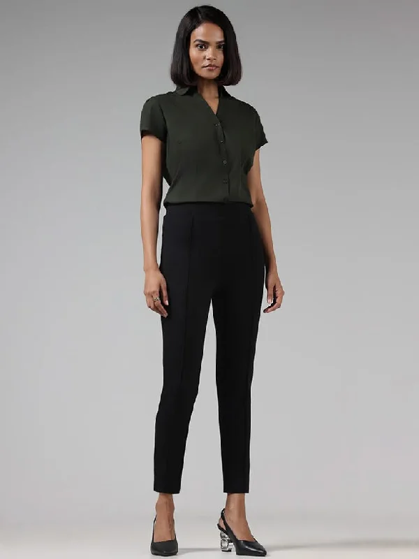 Wardrobe Solid Black Ankle Length Ponte Pants Comfortable Wide-Leg Pants