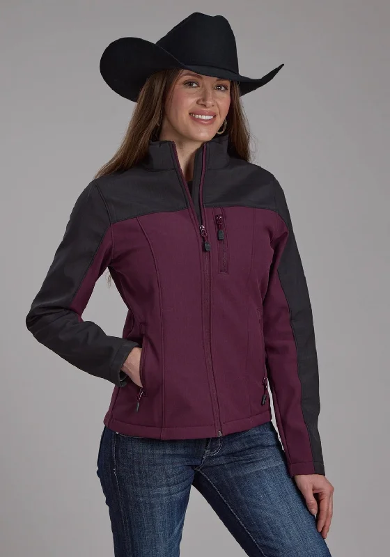 Roper Womens Technical Pieced Wine/Gray Polyester Softshell Jacket Collared Jacket Crew Neck Jacket Turtle Neck Jacket