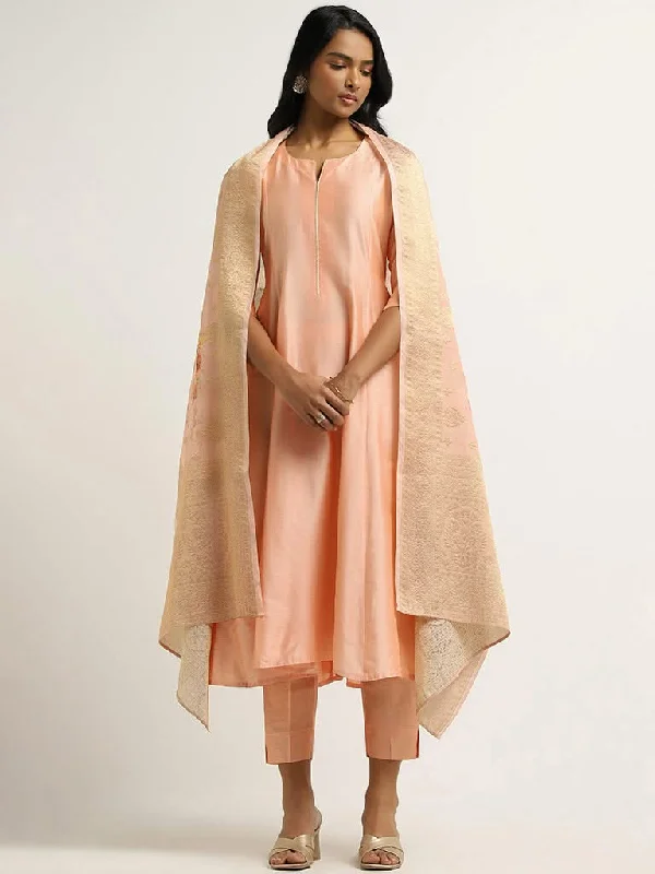 Vark Peach Printed Buttondown Kurta, Pants and Dupatta Set Wide-Legged Palazzos
