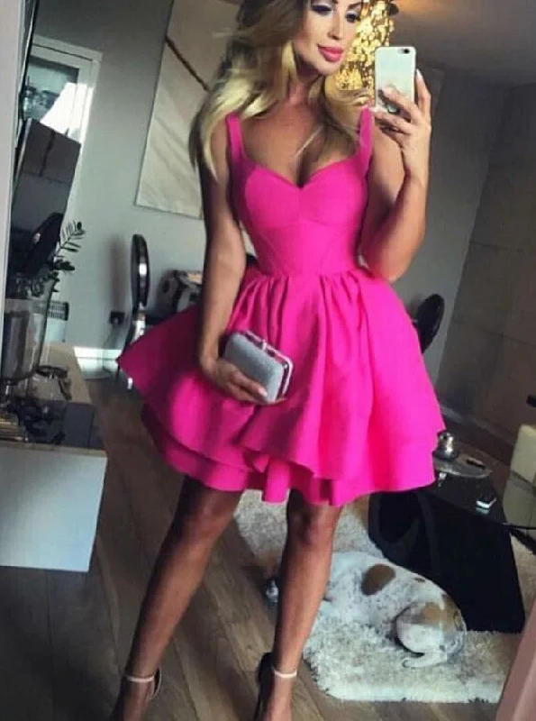 Sexy Eyelet Criss-Cross Back Fuchsia Short Satin Party Dress With Layers OC110 Tunics Winter warm