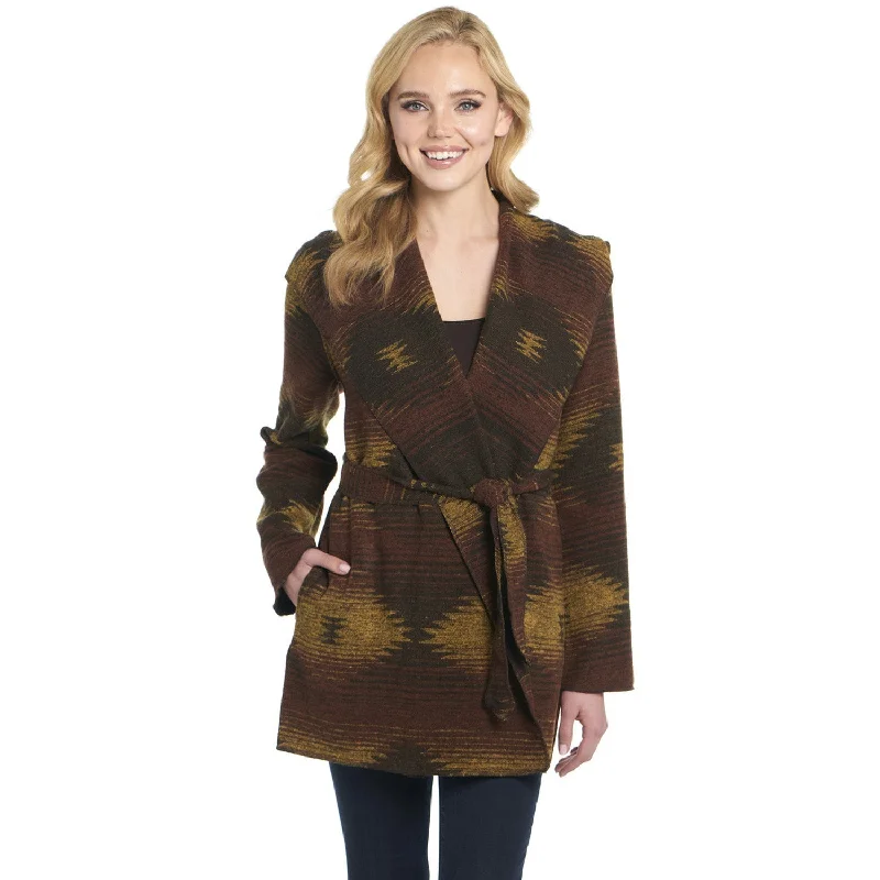 Cripple Creek Womens Navajo Tie Front Blanket Hood Golden Brown Polyester Jacket Stand-Up Collar Roll-Neck Collar Turtle Neck