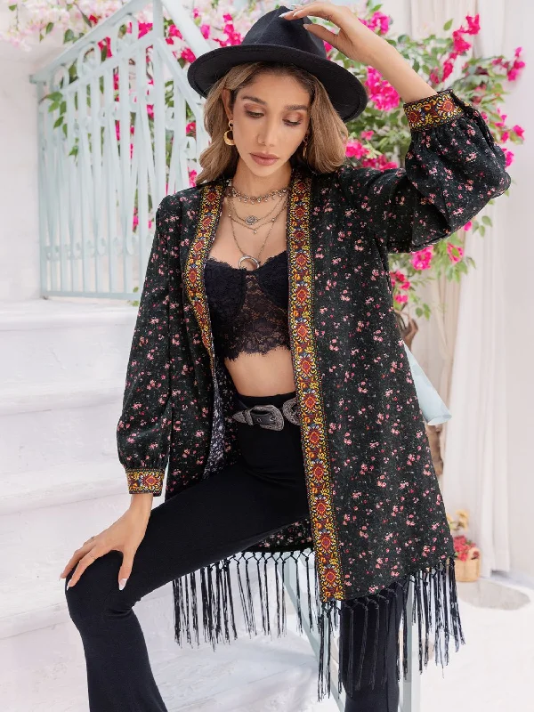 Shelia Printed Fringe Detail Cardigan Houndstooth Herringbone Solid