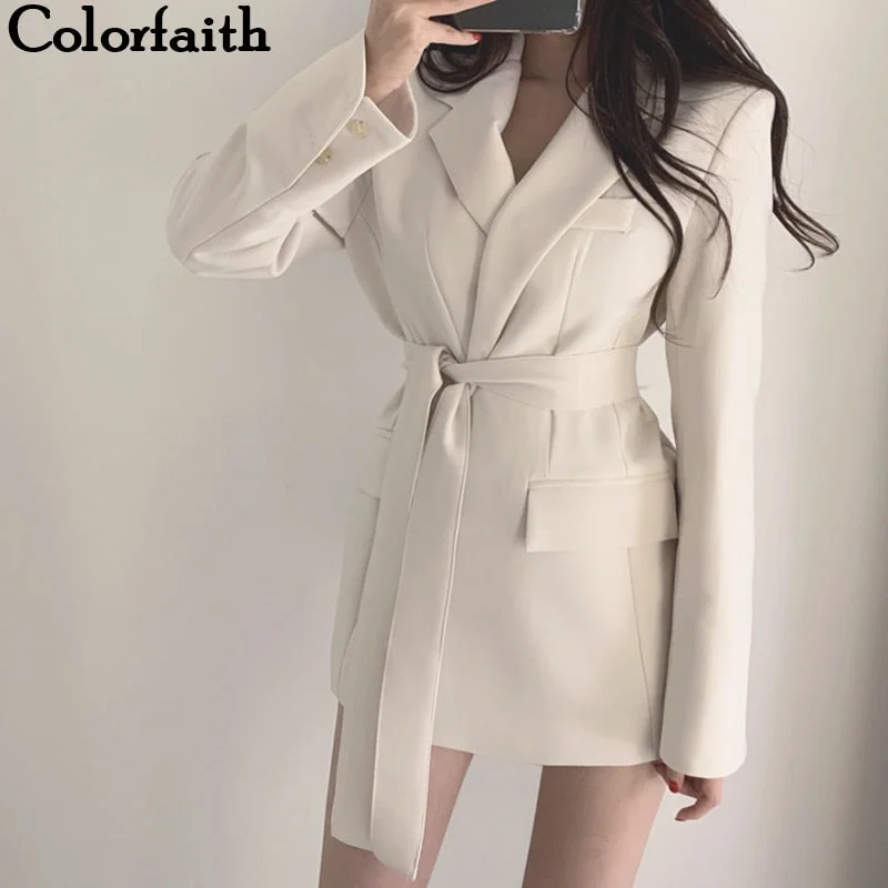 Colorfaith New 2019 Autumn Winter Women Jackets Office Ladies Lace up Notched Formal Outwear Elegant  White Black Tops JK7040 Chenille Fabric Brocade Fabric Lace Fabric