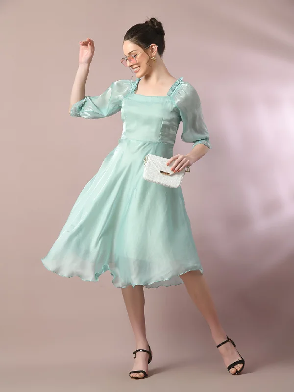 Women's  Sea Green Solid Square Neck Fit And Flare Party Dress  - Myshka Tunics Occasion special