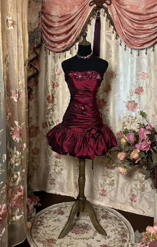 Burgundy Strapless Beading Satin Vintage Homecoming Dress Short Party Dress, D306 Tunics Summer linen