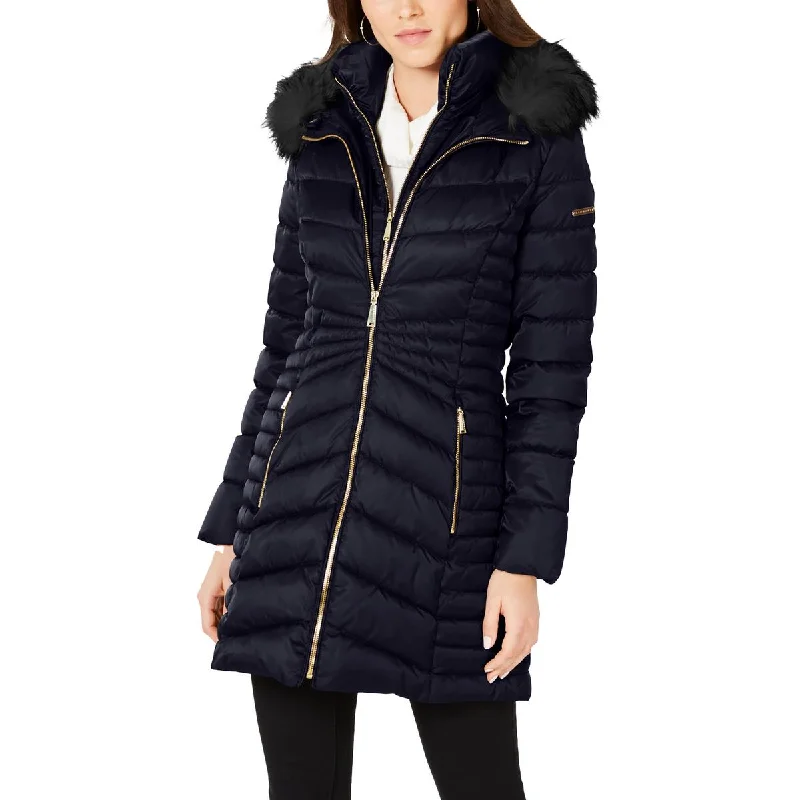 Laundry by Shelli Segal Womens Faux Fur Trim Hooded Puffer Jacket Wool Jacket Cashmere Jacket Tweed Jacket