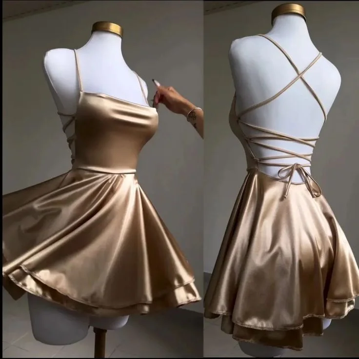 Lovely Gold Straps A-Line Satin Short Party Dress Homecoming Dress MD7467 Sequined Elegant Party