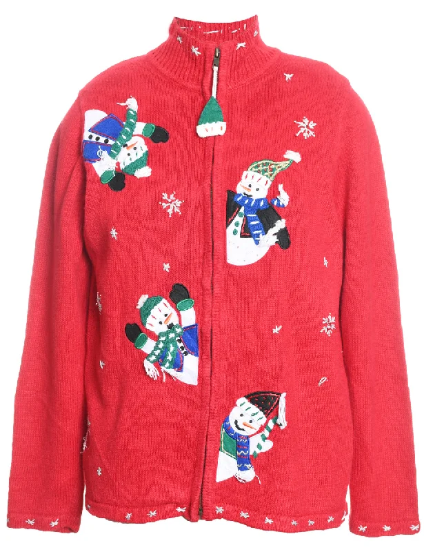 Snowman Christmas Cardigan - L Patchwork Embroidered Appliqued