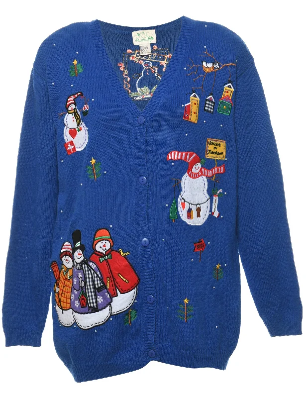 Snowman Christmas Cardigan - M Chenille Blend Fleece Blend Nylon Blend