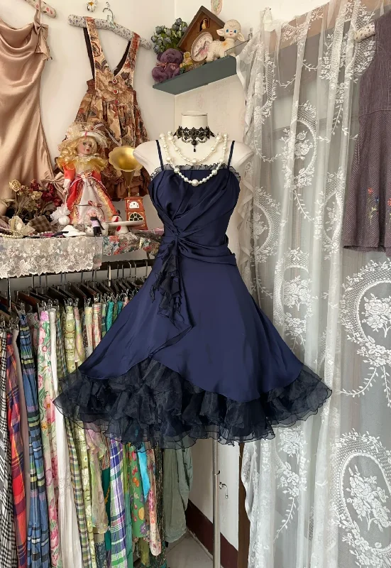 Navy Blue Straps A-Line Satin Vintage Short Party Dress Homecoming Dress, D340 Tunics Formal black