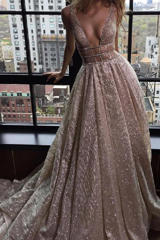 Modest A-line Silver Tulle V-Neck Rhinestone Prom Evening Dresses Party Dress OK580 Tunics Short Trendy