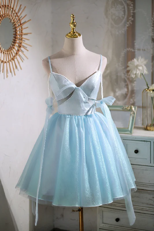 Short Mini Cute Sky Blue Spaghetti Straps Party Dress Disney  Homecoming Dress Tunics Bridal satin