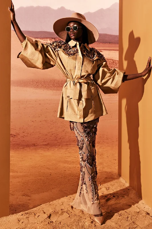 Safari jacket paired with embroidered skirt V-Neck Jacket Boat Neck Jacket Square Neck Jacket