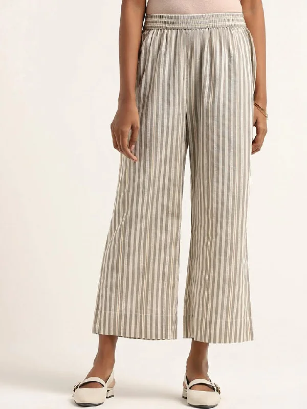 Utsa Grey Striped Cotton Pants Comfy High-Waist Jeans