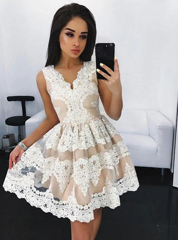 Ivory Appliques A-Line V-neck Short Tulle Graduation Dress, Cocktail Party Dress OC150 Tunics Custom made