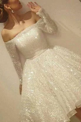 Noble Sparkle White Sequined Lace Prom Dress Sexy Off The Shoulder Long Sleeves Party Dress Tunics Top Casual