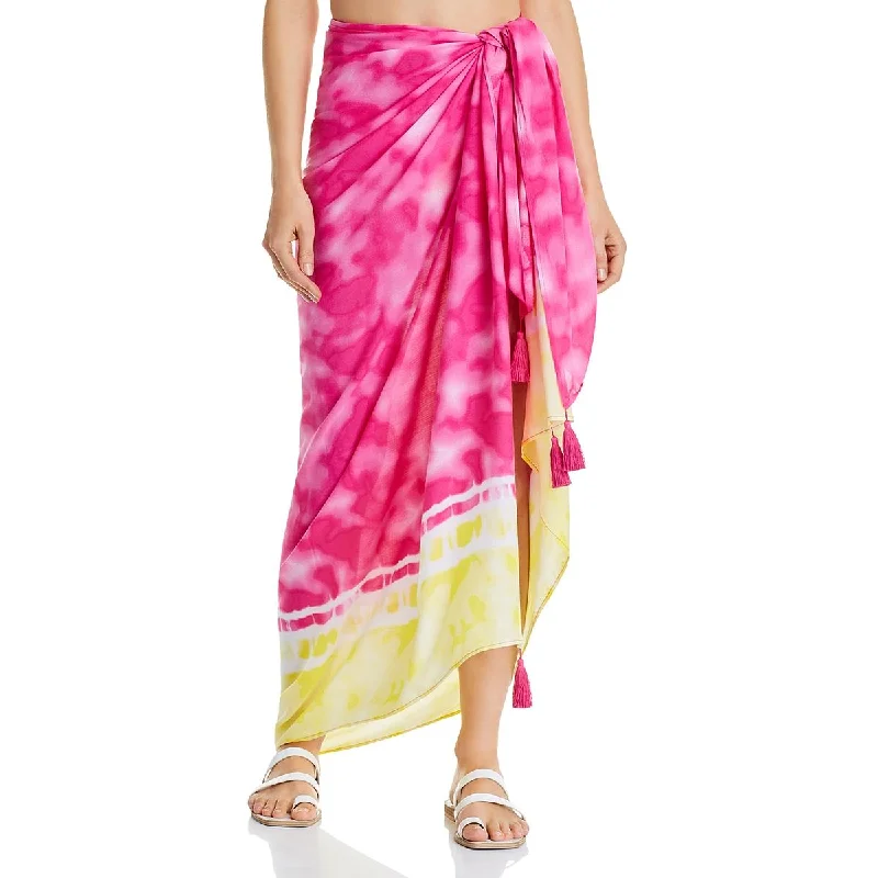 Aqua Womens Tie-Dye Tassled Sarong Swim Cover-Up High-Waist Bikini Set