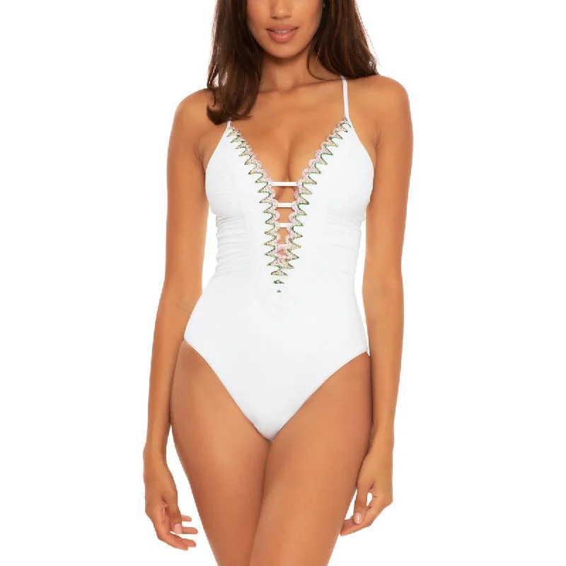 Becca by Rebecca Virtue Womens Layla Embroidered Nylon One-Piece Swimsuit High-Waisted Swimwear