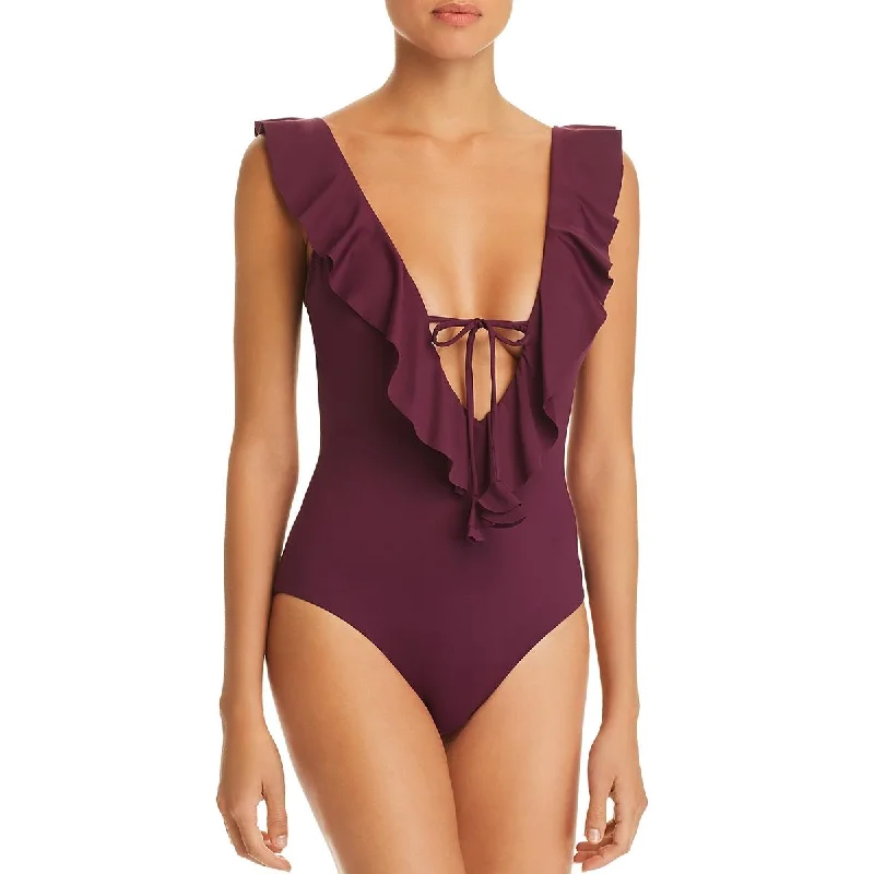 Becca by Rebecca Virtue Womens Socialite Ruffle Plunging One-Piece Swimsuit Sporty Swimwear Bottoms