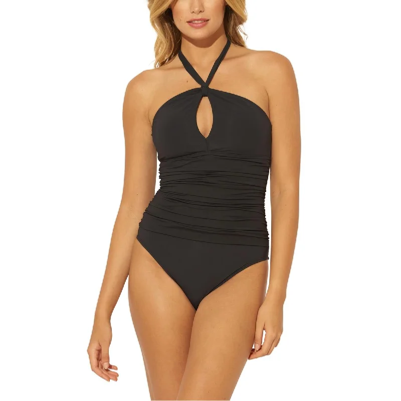 Bleu by Rod Beattie Womens Ruched Keyhole One-Piece Swimsuit Tropical Print Bikini