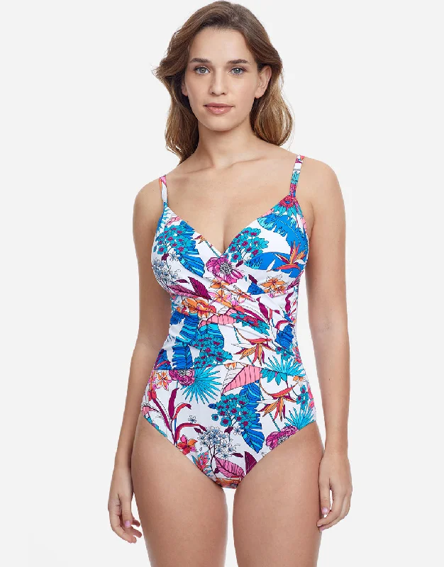 Bohemian Gypsy V Neck Swimsuit - White Flirty Ruffle Swimsuit