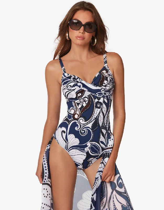 Cachemire Underwire Crossover Swimsuit - Blue and White Mesh Detail Bikini