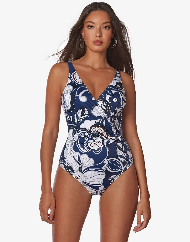 Cachemire Wrap Front Swimsuit - Blue and White Comfortable Swim Shorts