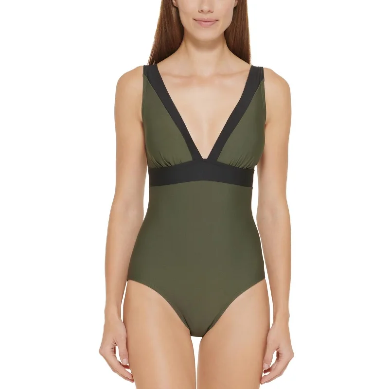 DKNY Swimwear Womens Plunge Beachwear One-Piece Swimsuit Beachy Ruffle Bikini
