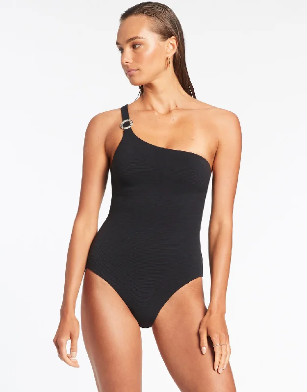 Isla Rib One Shoulder Swimsuit - Black Halter Neck Swimsuit