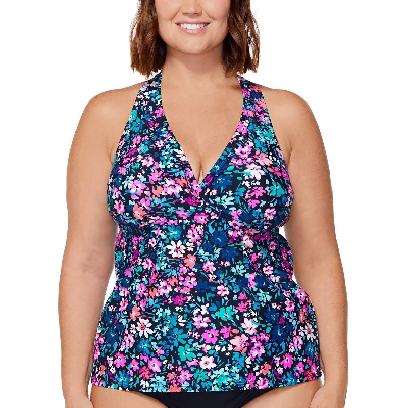 Island Escape Womens Plus Floral Print Criss-Cross Back Tankini Swim Top Crisscross Back Swimsuit