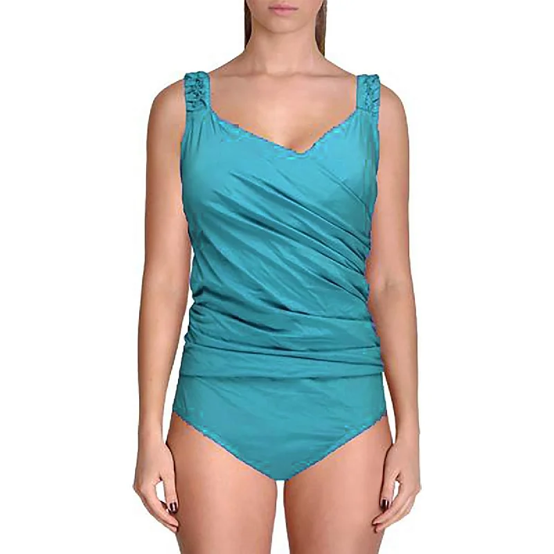 Jantzen Womens Faux Wrap Ruched One-Piece Swimsuit Sleek Full Coverage