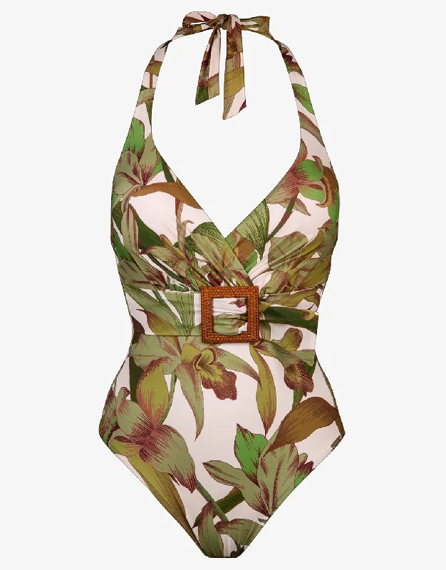 Journey Belted Halterneck Swimsuit - Cream Reed Two-Piece Beachwear