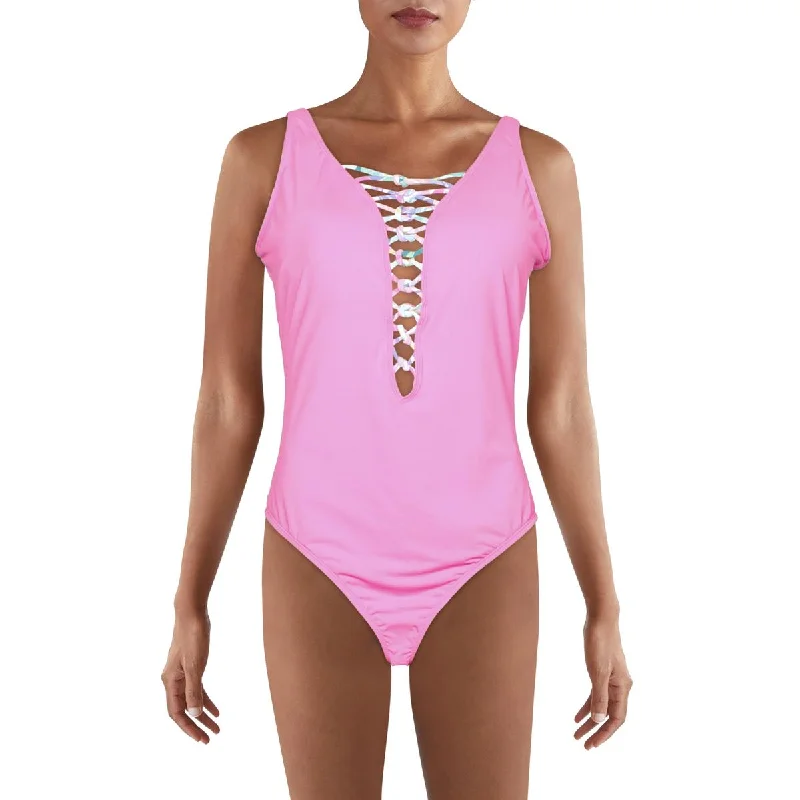 Lilly Pulitzer Womens Lace-Up Plunging One-Piece Swimsuit Beachy Ruffle Bikini