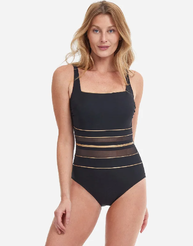 Onyx Square Neck Tank Swimsuit - Black and Gold Plunge Neckline Swimsuit