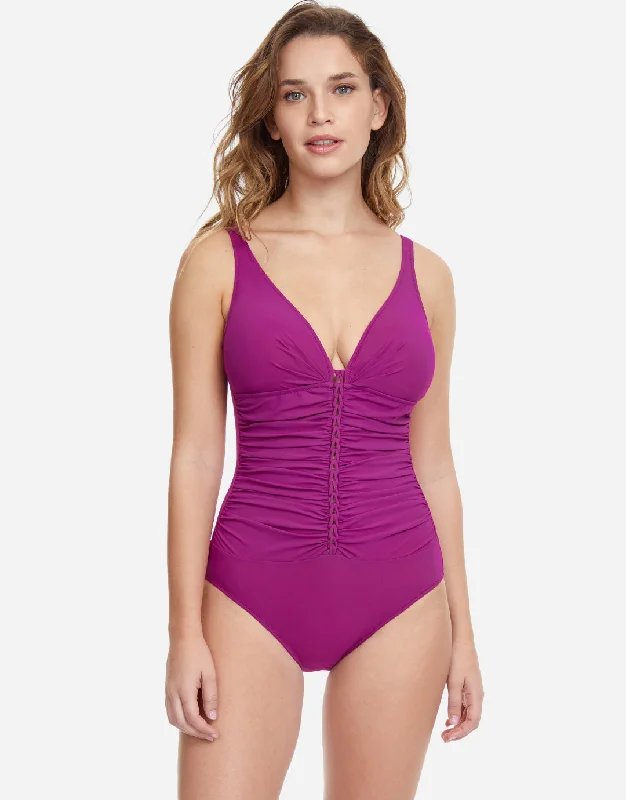 Profile Tutti Frutti D Cup V Neck Swimsuit - Warm Violet Tropical Print One-Piece
