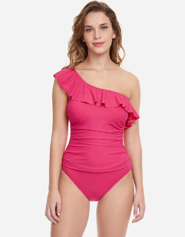 Profile Tutti Frutti Ruffle One Shoulder Swimsuit - Rose Mesh Panel Swimwear