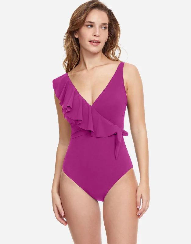 Profile Tutti Frutti Ruffle Surplice Swimsuit - Warm Violet Chic Swimsuit Cover-Up